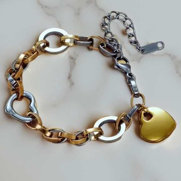 Two Tone Chain - Heart Charm Bracelets - Picture 1 of 4